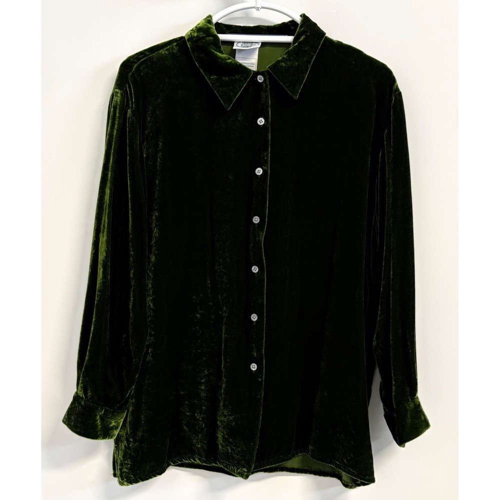 Laura Ashley Silk Blend Velvet Button Down Shirt Green Small Vintage